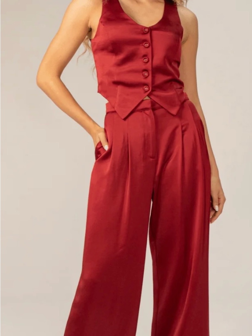 Lavender Brown Halle Satin Wide-Leg Burgundy Pants Sz S